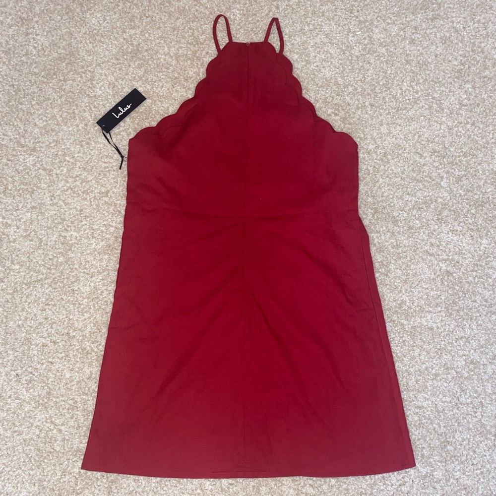 NWT Lulu’s Classic Halter Endlessly Endearing Scalloped Wine Red Mini Dress - Picture 5 of 7